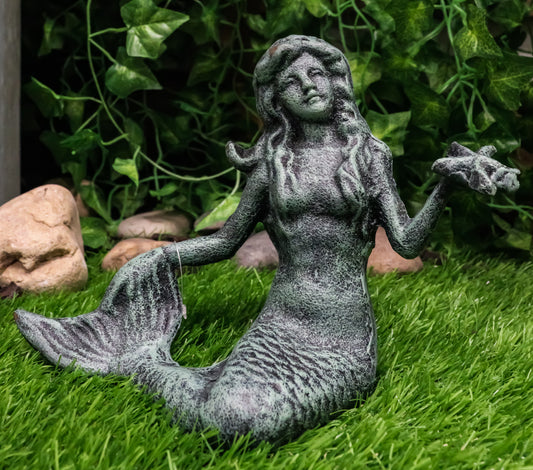Ebros Gift 6.5" Tall Nautical Siren Mermaid Holding Starfish Cast Iron Rustic Verdigris Vintage Patina Finish Statue Ocean Goddess Princess Coastal Beach Under The Sea Mermaids Decorative Accent - Ebros Gift