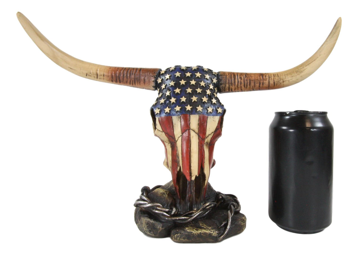 Ebros Western Patriotic American Flag Texas Longhorn Bull Steer Skull Desktop Figurine - Ebros Gift