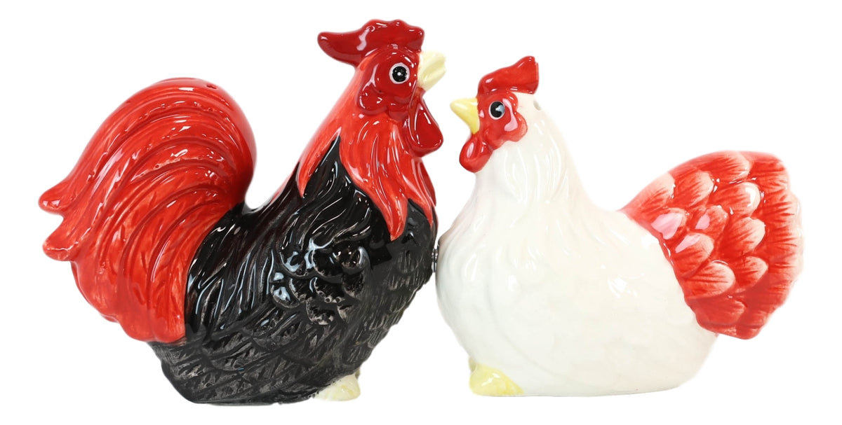 Ebros Chicken Black Rooster And White Hen Magnetic Salt And Pepper Shakers Set - Ebros Gift