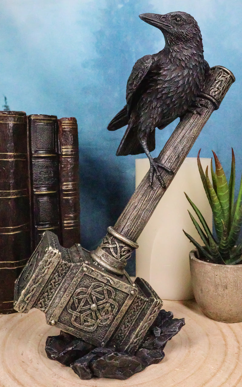 Odin Raven Perching On Thor Hammer Mjolnir With Viking Runes Skaldenmet Figurine