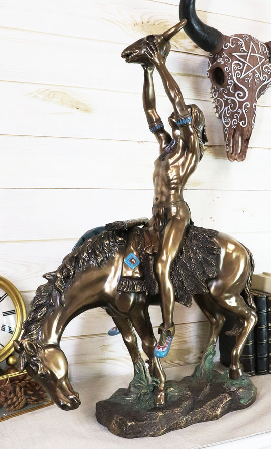 Ebros Large Native American Vision Quest Indian Warrior On Horse With Skull Statue 25"