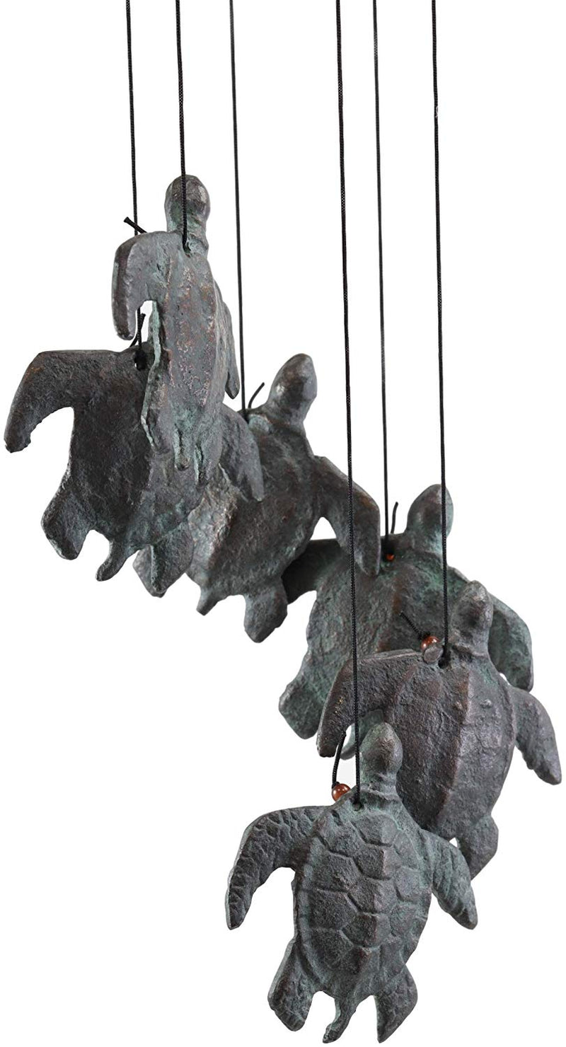 Ebros Gift Cast Iron Nautical Animal Reptile Kingdom Sea Turtle Shell Bell with Ornamental Turtles Resonant Relaxing Mobile Wind Chime Deck Patio Pool Garden Outdoor Coastal Ocean Beach Theme Accent
