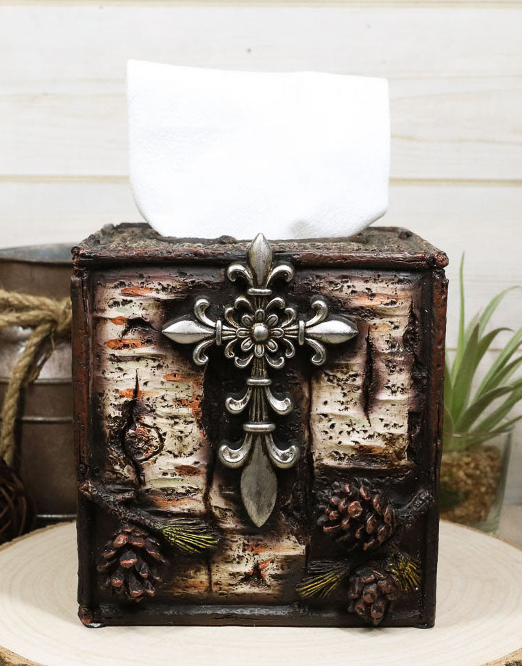 Rustic Southwestern Le Fleur Cross W/ Birch And Pinecones Tissue Box Holder Case - Ebros Gift