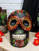 Gothic Day of The Dead Red Floral Roses With Green Foliage Skull Figurine