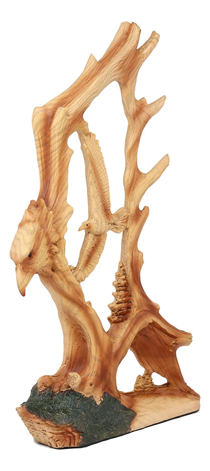 Ebros Rustic Faux Wood Carving Design Wildlife American Bald Eagle Landing Statue Wings of Glory Eagles As USA Patriotic Decor Sculpture for 4th of July Independence Day Figurine