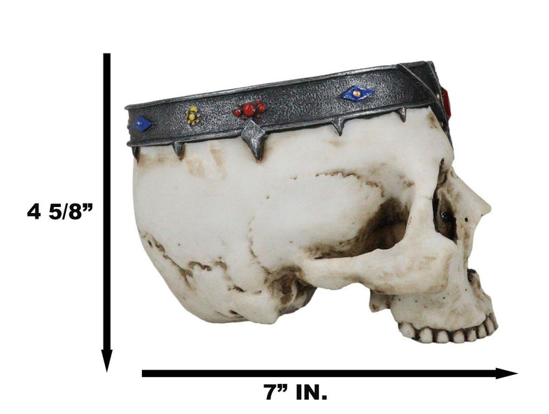 Medieval Gothic Skeleton King Skull With Bejeweled Crown Bowl Planter Figurine