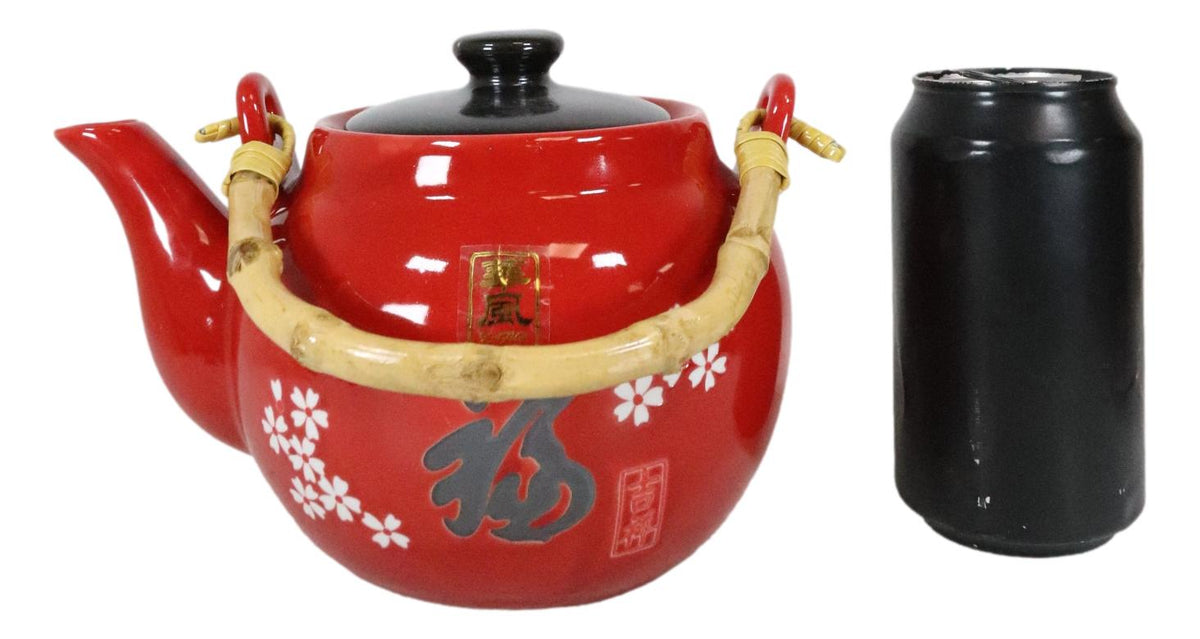 Sakura White Japanese Cherry Blossoms Porcelain Red Tea Pot 42oz And 4 Cups Set - Ebros Gift