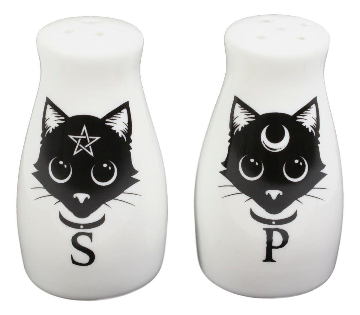 Wicca Magic Sacred Cats Pentacle Crescent Moon Ceramic Salt n Pepper Shakers Set - Ebros Gift
