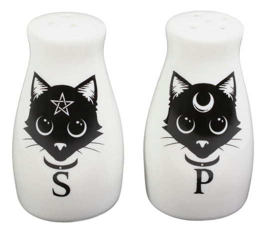 Wicca Magic Sacred Cats Pentacle Crescent Moon Ceramic Salt n Pepper Shakers Set - Ebros Gift