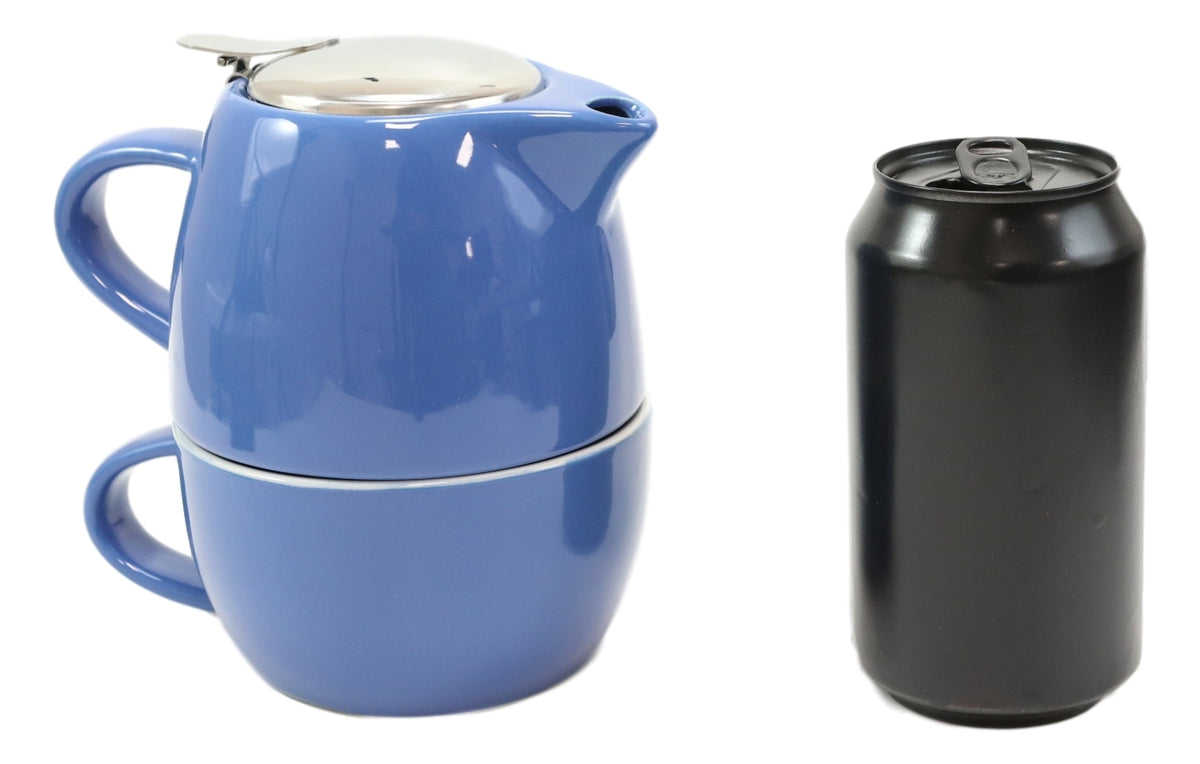 Glossy Blue Contemporary Ceramic Stackable Teapot Set Single Tea Pot With Mug