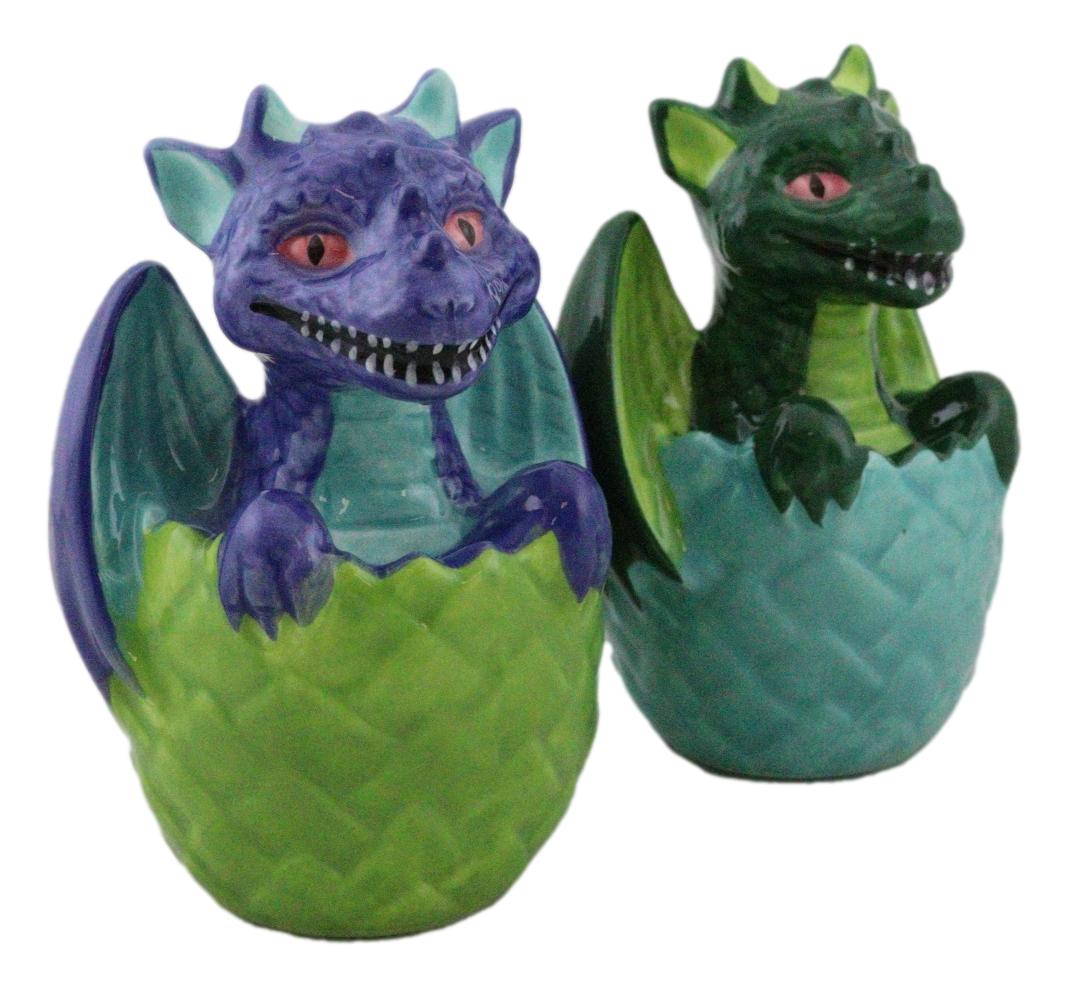 Green And Blue Dragon Hatchlings In Half Cracked Eggs Salt Pepper Shakers Set - Ebros Gift