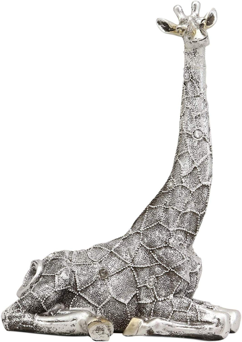 Ebros Silver Filigree Prints Design Madagascar Sitting Giraffe Statue 9.5" Tall Safari Savannah Reticulated Giraffe Animal Collectible Home Decor Contemporary Modern Accent