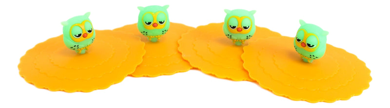 Set Of 4 Yellow Sleepy Owl Reusable Silicone Coffee Tea Cup Cover Lids Air Tight