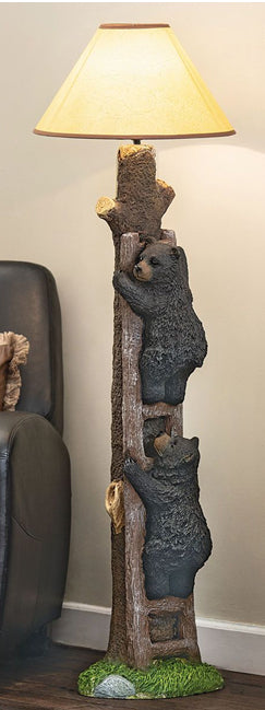 Rustic Black Bear Cubs Climbing Up Tree Ladder Standing Floor Lamp Statue 60"H