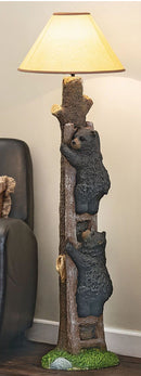 Rustic Black Bear Cubs Climbing Up Tree Ladder Standing Floor Lamp Statue 60"H