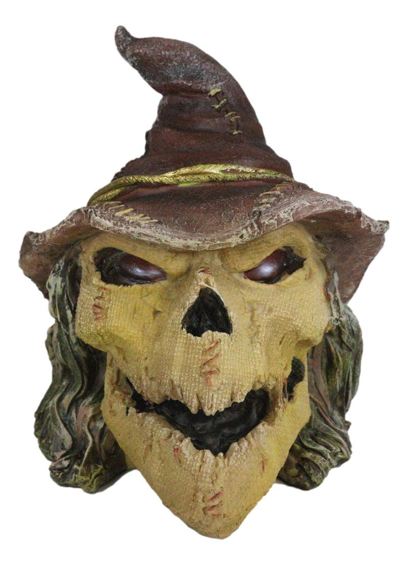 Halloween Creepy Scarecrow Straw Man Skull With Faux Leather Stitch Hat Figurine