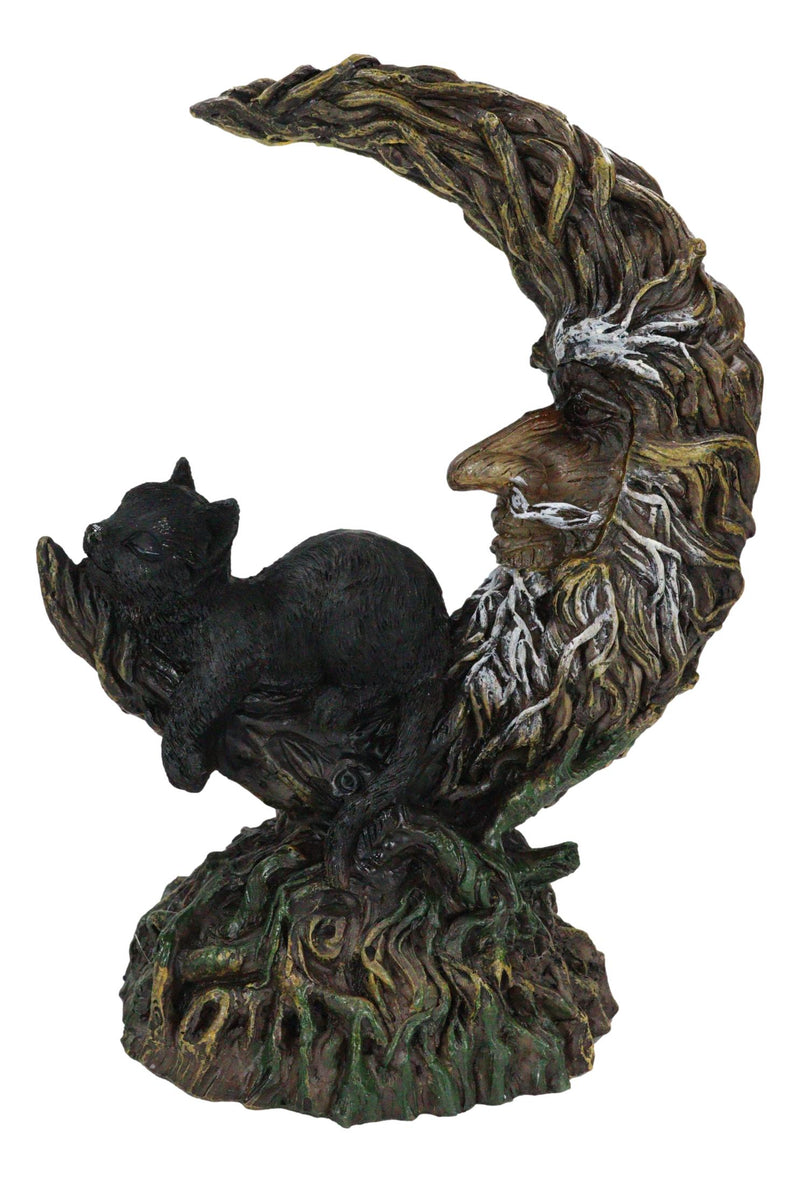 Black Cat Sitting On Crescent Greenman Tree Moon Figurine With LED Night Light