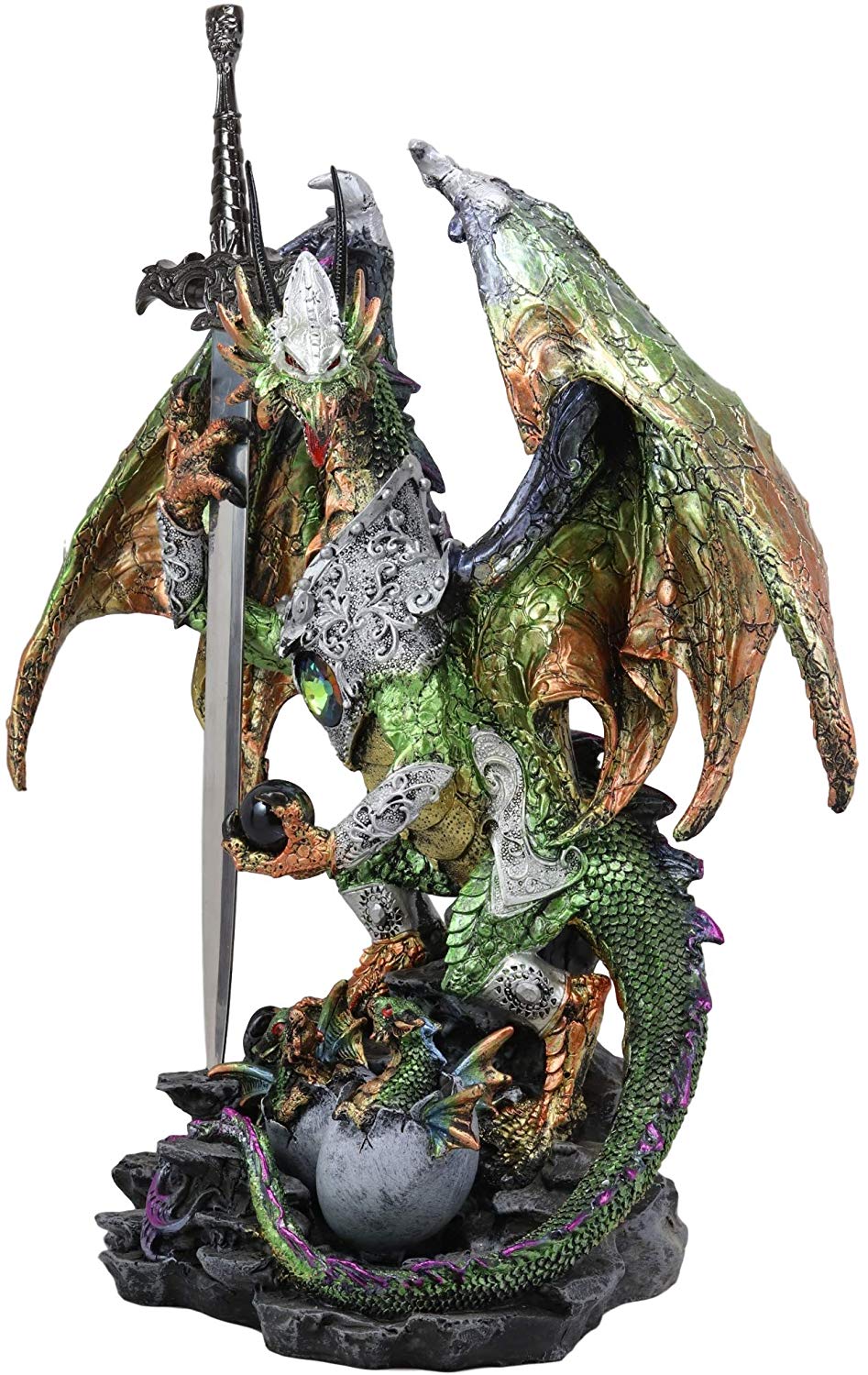 Ebros Gift Large Green Jade Armored Dragon Guardian of The Space Orb and Excalibur Dagger Blade Sword Statue 16.75" Tall
