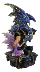 Ebros Purple Fairy Kneeling by Blue Zirconia Dragon On Rock LED Light Figurine