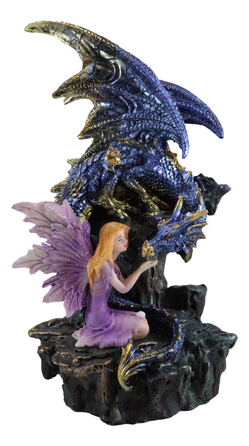 Ebros Purple Fairy Kneeling by Blue Zirconia Dragon On Rock LED Light Figurine