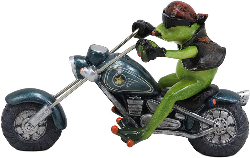 8.5"L Born To Ride Biker Frog Smoking Cigar On Blue Chopper Motorcycle Statue