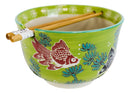 Fengshui Goldfish Habitat Green Ramen Noodles Soup Large 6"D Bowl W/ Chopsticks
