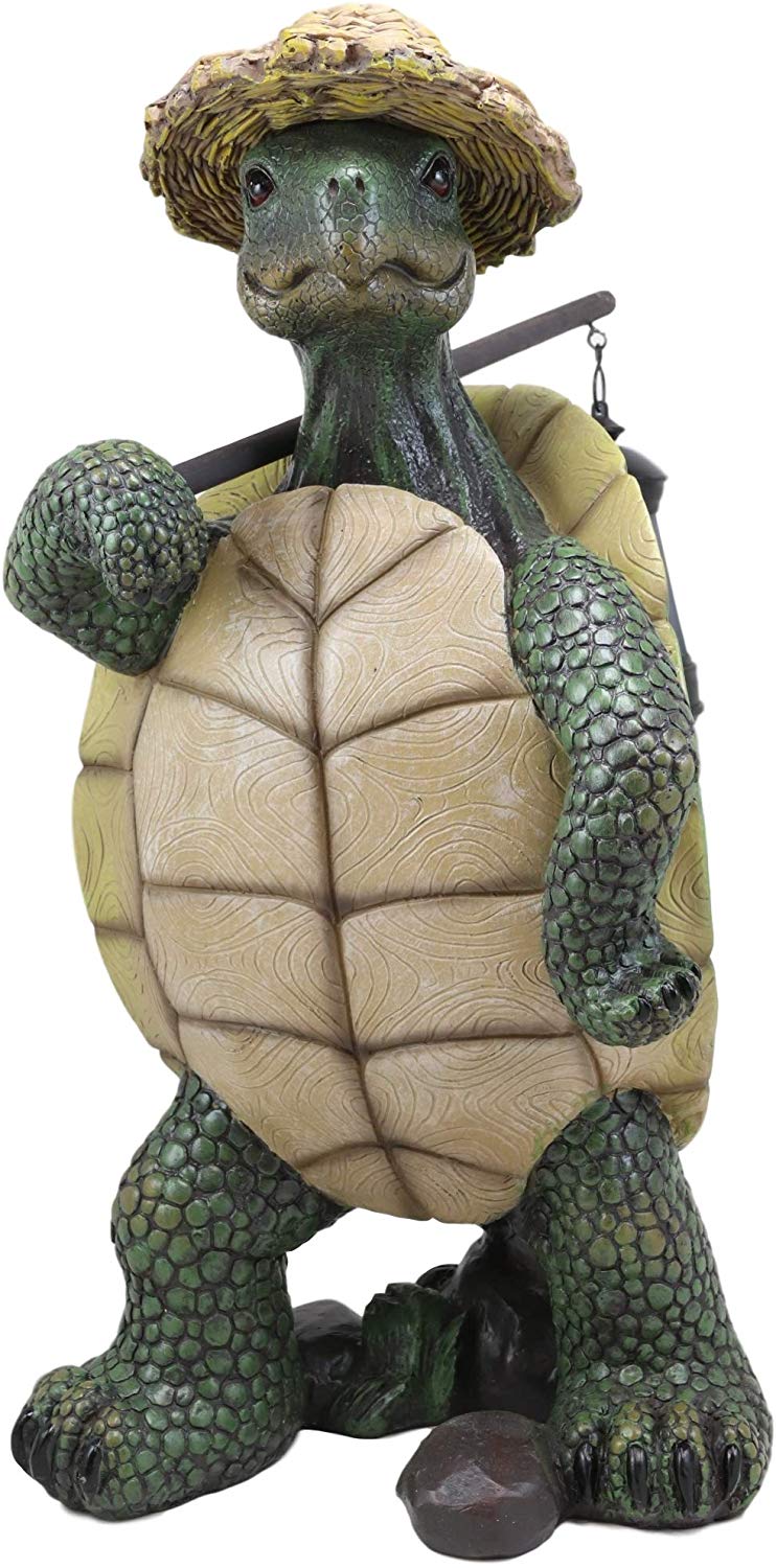 Ebros Gift Nautical Nature Lover Adventure Hiking Tortoise with Straw Hat Statue Carrying Solar Powered Lantern LED Light On A Pole Turtle Garden Yard Pool Patio Deck Home Decorative Accent