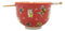 Lucky Cat Japanese Maneki Neko Red Porcelain Ramen Soup Bowl With Chopsticks Set