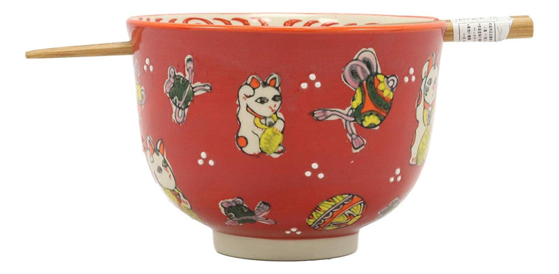 Lucky Cat Japanese Maneki Neko Red Porcelain Ramen Soup Bowl With Chopsticks Set