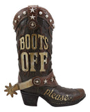 Ebros Gift 13" Tall Rustic Western Brown Cowboy Boot With Spur And Western Stars In Tooled Leather Design Decorative Figurine Courtesy Sign 'Boots Off Please' For Home Entrance Mudroom Backyard Patio