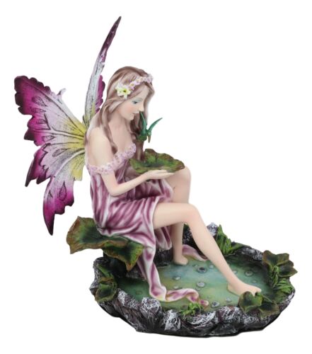 Mysterious Water Lagoon Purple Fairy With Hummingbird Statue 9"H Garden Fairies - Ebros Gift