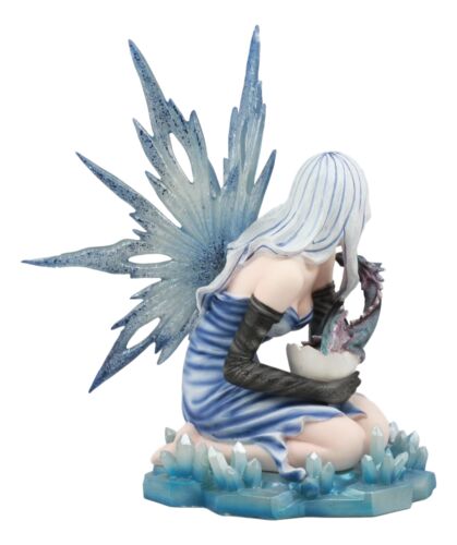 Elemental Ice Goddess Blue Fairy With Baby Dragon Hatchling Statue 12.25"Tall