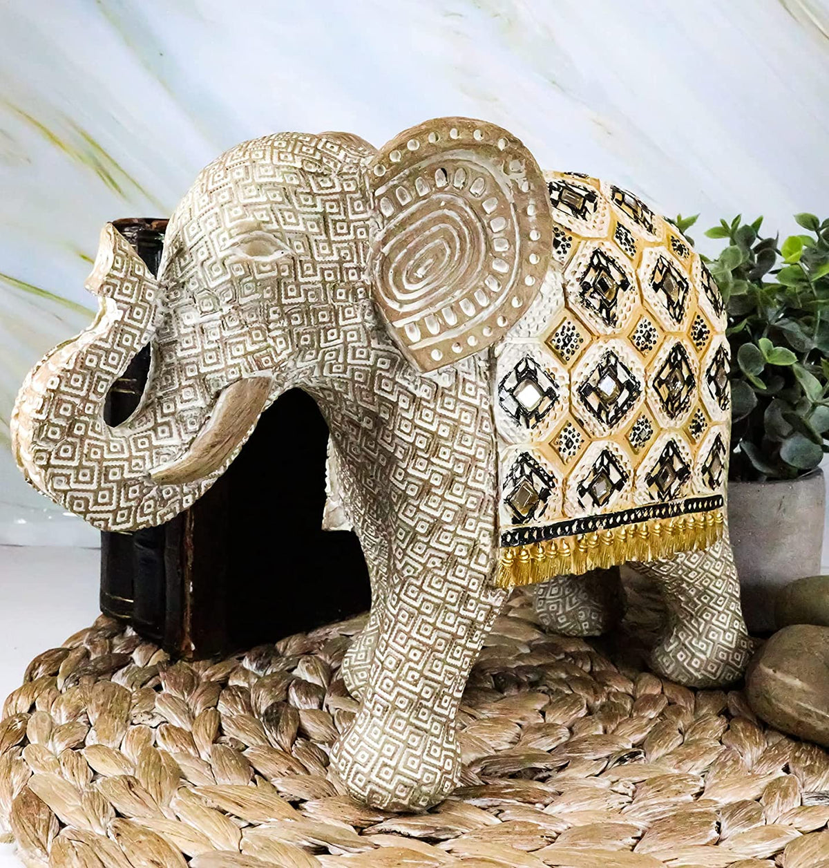 Ebros Large Gold Accent Mosaic Design Noble Elephant With Trunk Up Statue 9"L