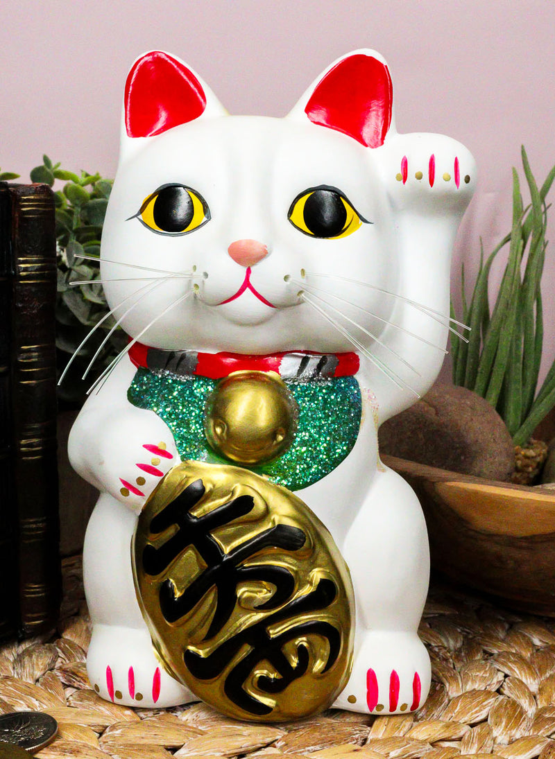 Japanese Lucky Charm White Beckoning Cat Maneki Neko Money Bank 8.5"H