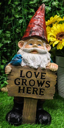 Whimsical Festive Garden Mr Gnome And Bluebird With Love Grows Here Sign Statue