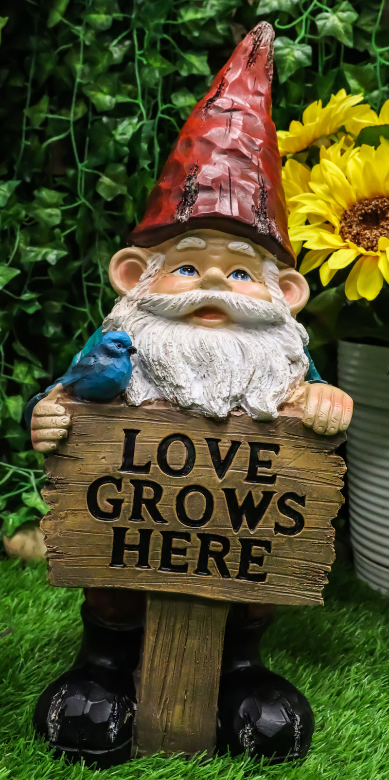 Whimsical Festive Garden Mr Gnome And Bluebird With Love Grows Here Sign Statue