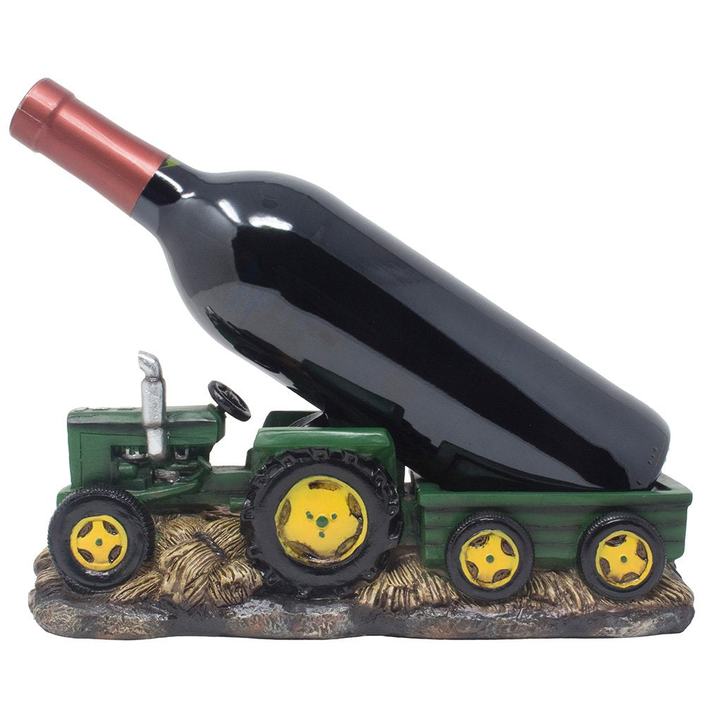Vintage Old Fashioned Green Harvest Farm Tractor With Trailer Wine Holder 11"L