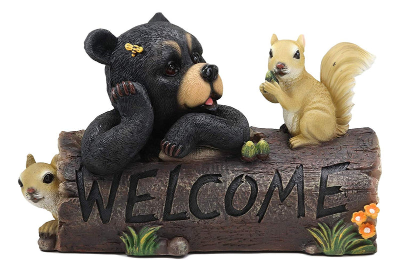 Ebros Large Honey Bee Black Bear & 2 Squirrel Besties By Tree Log Welcome Sign Statue