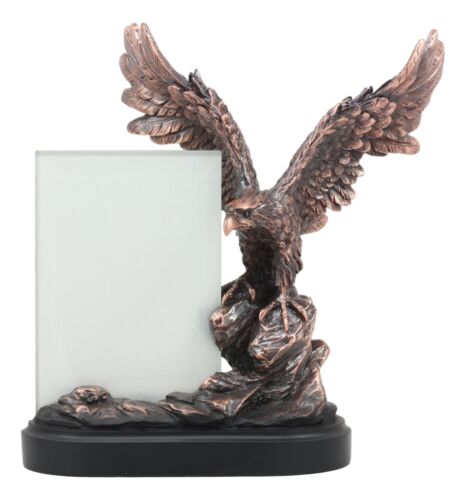 Ebros Patriotic American Bald Eagle with Outspread Wings Perching on Cliff Rock Picture Frame Bronze Electroplated Figurine with Base Resin Photo Frame Eagle Statue