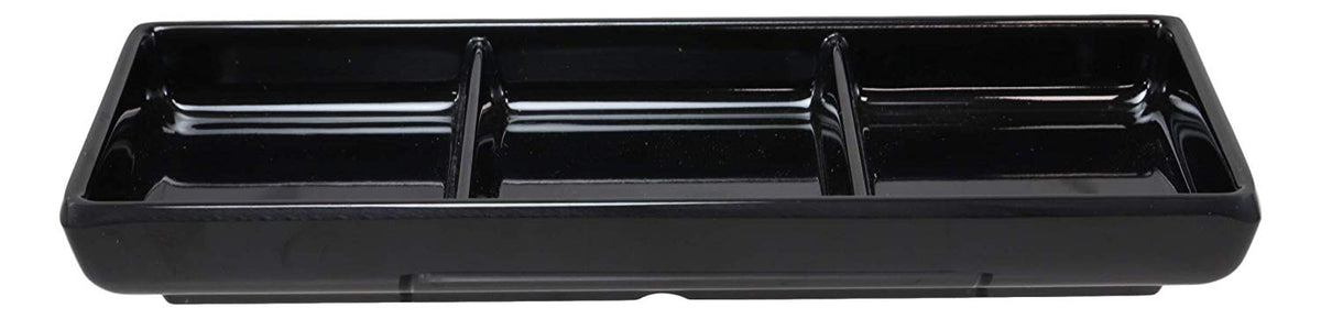 Ebros Jade Melamine Contemporary Design Condiments Oil Ketchup BBQ Soy Sauce Dipping Bowl or Dish With Dividers 3 Partition Compartments Faux Porcelain Look Restaurant Supply Dip Bowls Dishes (Black)