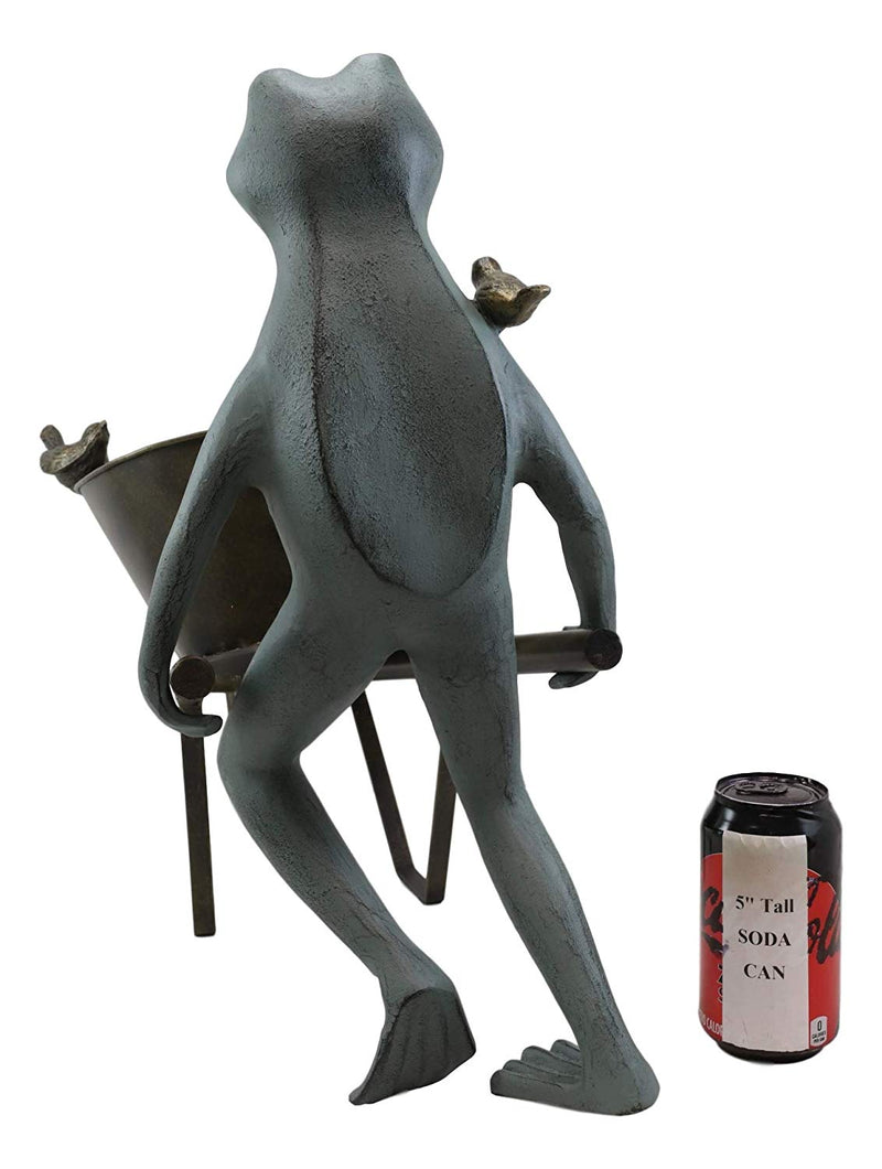 Ebros Gift 24" Wide Aluminum Rustic Whimsical Gardening Green Frog with Birds Pushing Wheelbarrow Cart Flowers Or Plants Planter Garden Statue Decorative Frogs and Toads Accent Decor