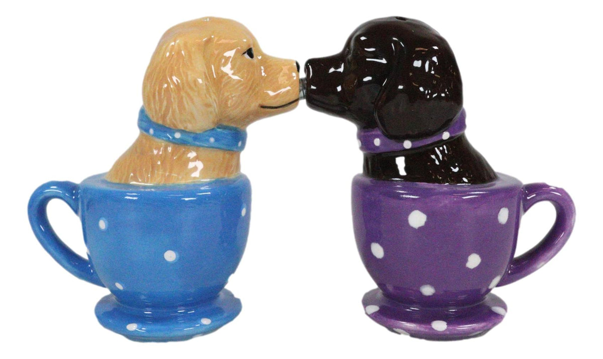 Ceramic Chocolate And Fawn Labrador Puppy Dogs In Tea Cups Salt Pepper Shakers - Ebros Gift