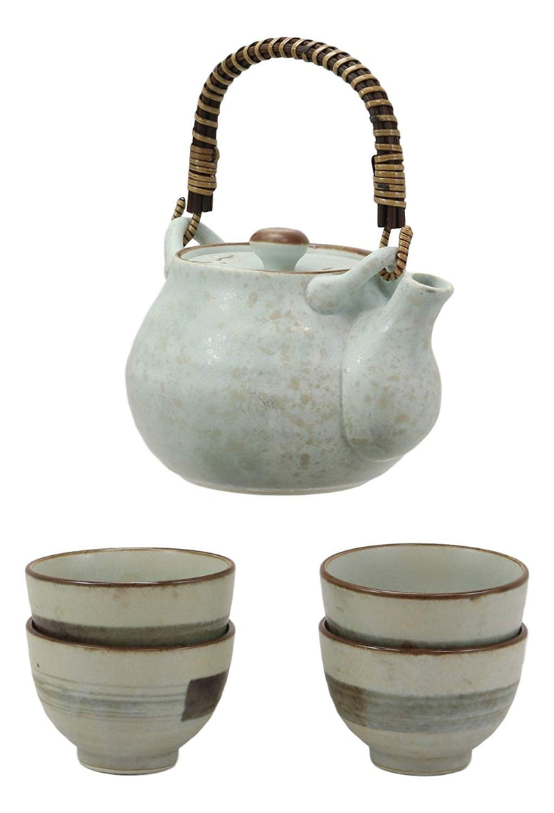 Ebros Japanese Sakura Pastel Blue Plum Cherry Blossom Porcelain Tea Pot And 4 Cups Set