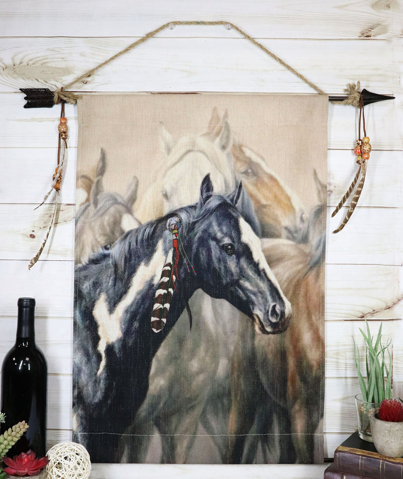 Rustic Western Black Medicine Horse W/ Feather & Arrows Wall Canvas Tapestry Art