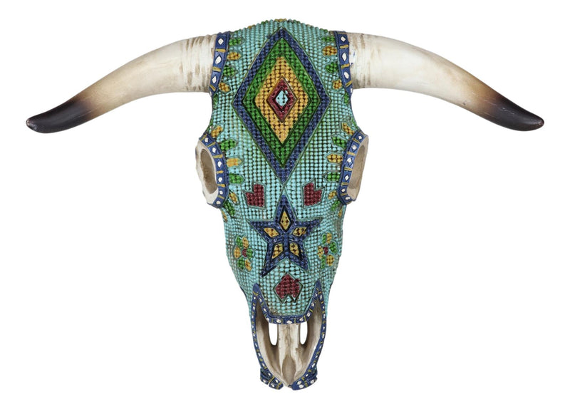 Rustic Southwest Steer Bison Cow Skull With Aztec Beaded Turquoise Wall Decor