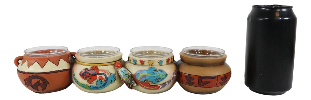 Southwest Pueblo Aztec Symbols Jars 4 Votive Tea Light Candles Holder Sculpture