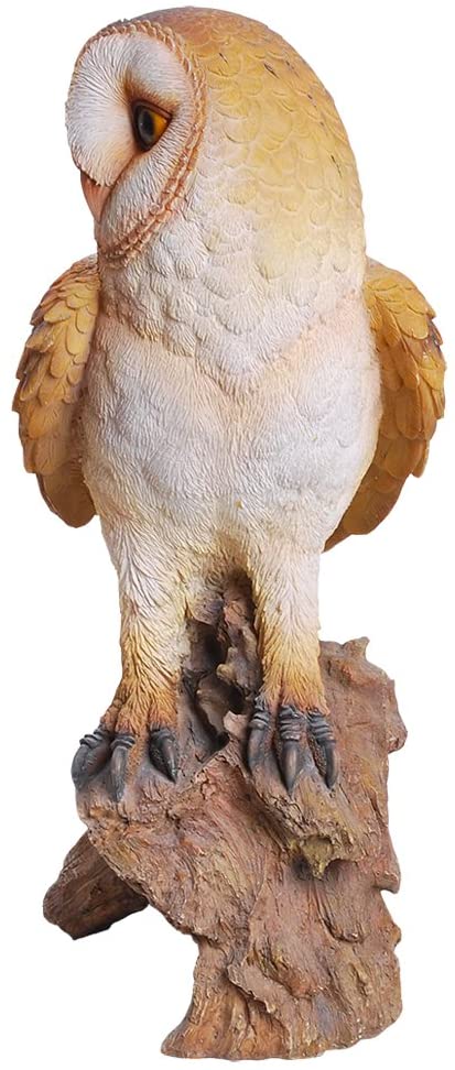 Realistic Common Barn Owl Perching On Tree Stump Statue With Glass Eyes 13.75"H