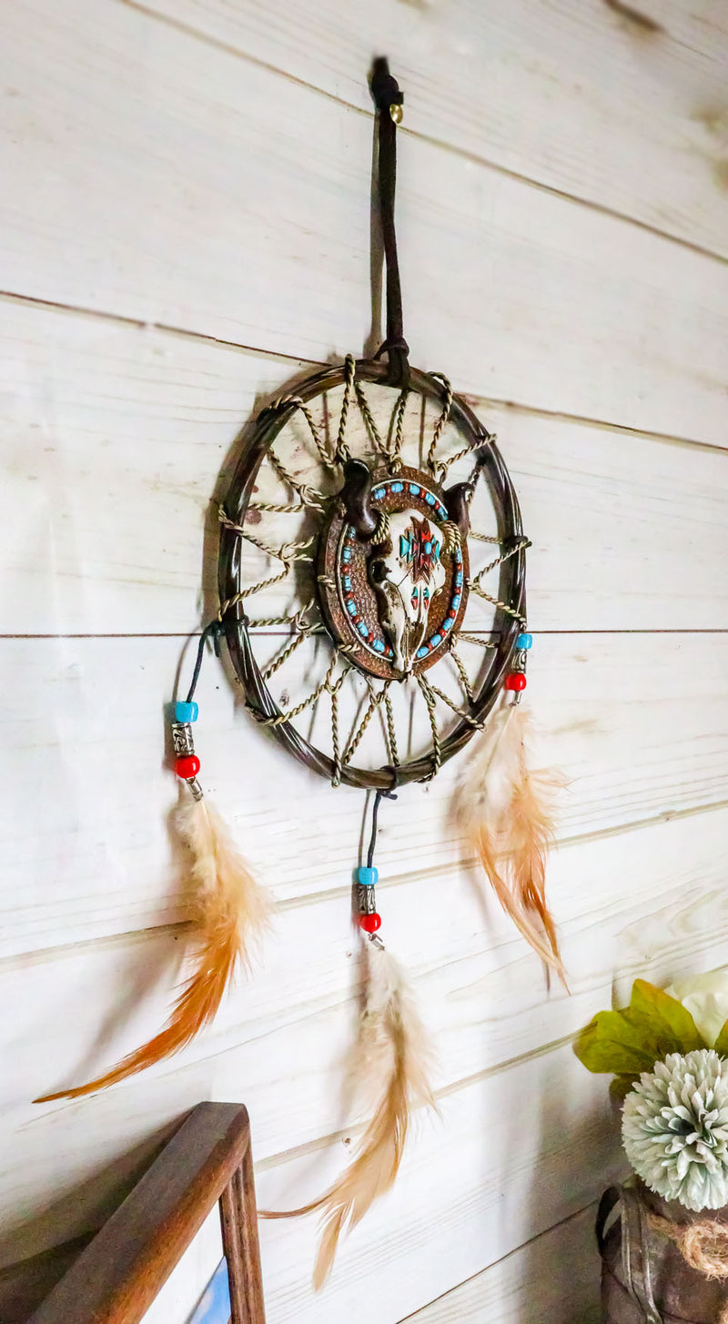 Ebros Native American Animal Spirit Buffalo Skull Dreamcatcher Wall Decor 6.5"Di