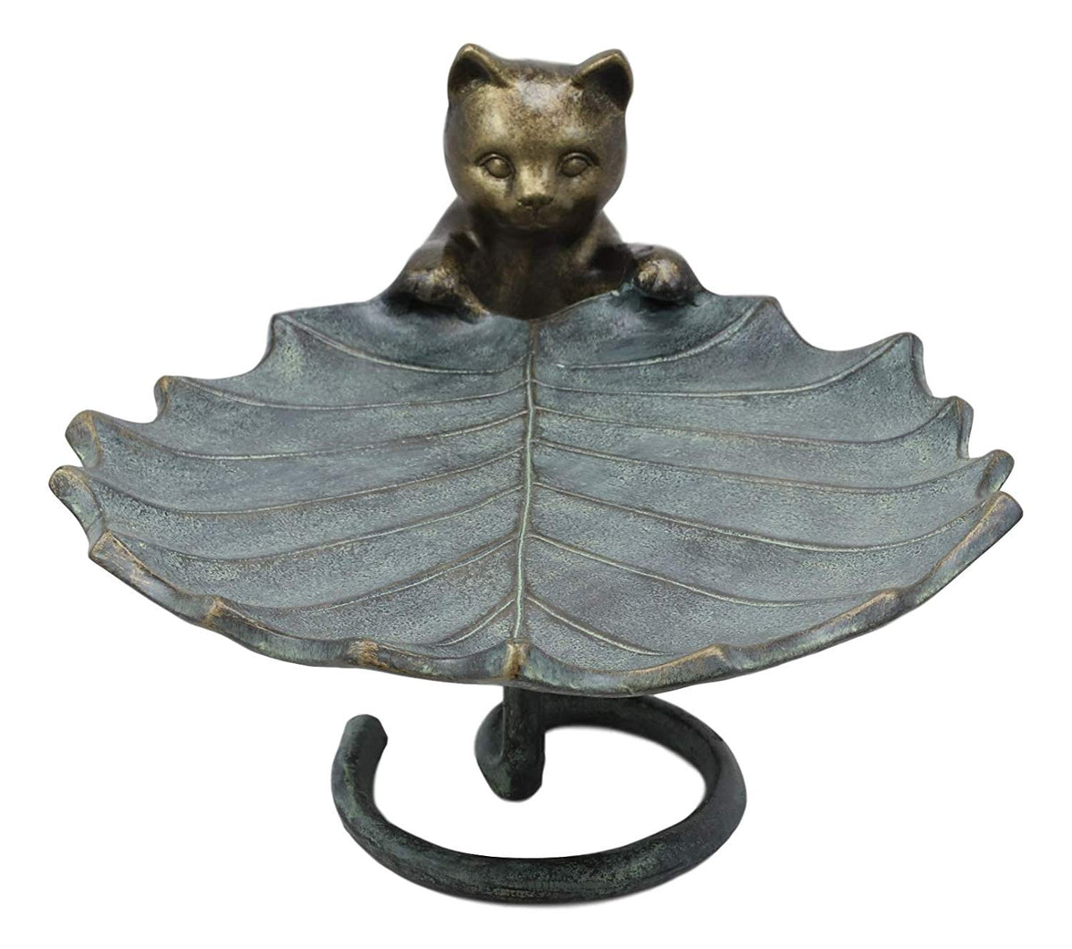 17"L Aluminum Rustic Whimsical Curious Kitten Cat With Leaf Bird Feeder Statue - Ebros Gift