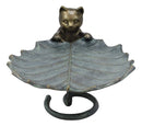 17"L Aluminum Rustic Whimsical Curious Kitten Cat With Leaf Bird Feeder Statue